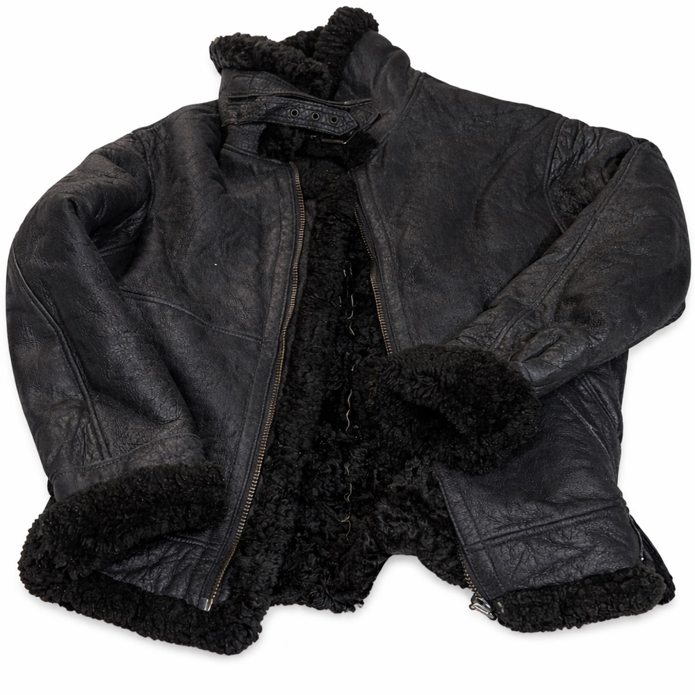Vintage Genuine Black Shearling Leather Coat | Luxe Aviator Style | Size L
